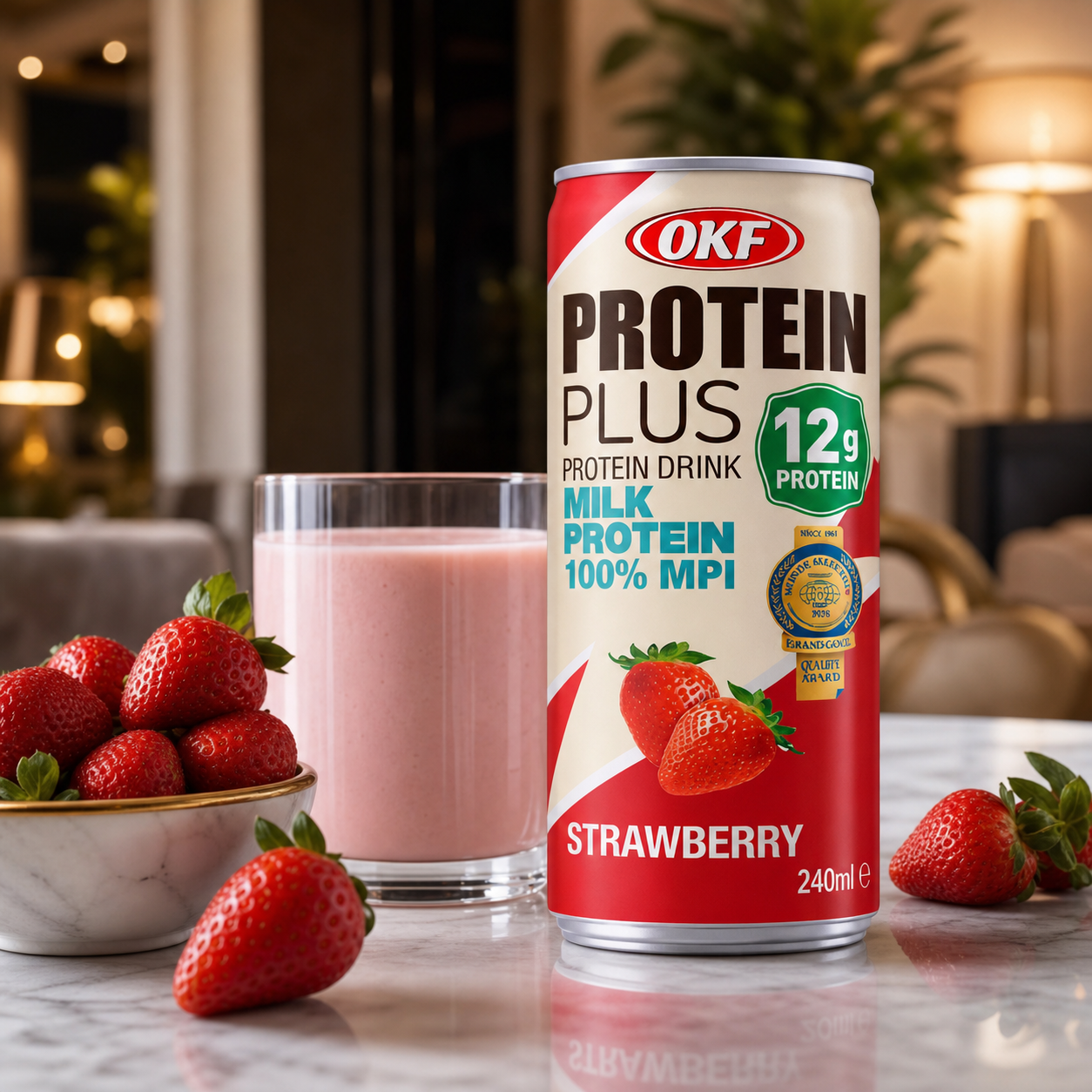 شیر پروتئین OKF (مدل Protein Plus) – طعم توتفرنگی (240 میلیلیتر) تصویر 3